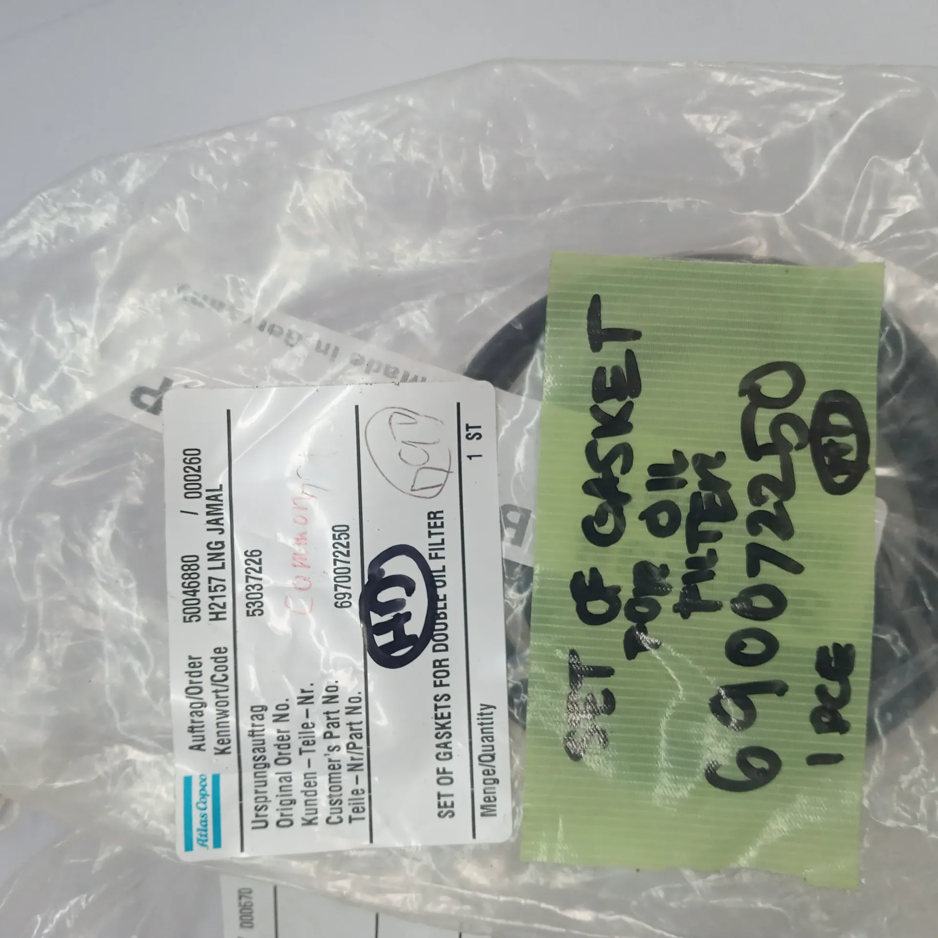 ATLAS COPCO 690072250 SET OF GASKETS FOR DOUBLE OIL FILTER EXPEDITE SHIPPING